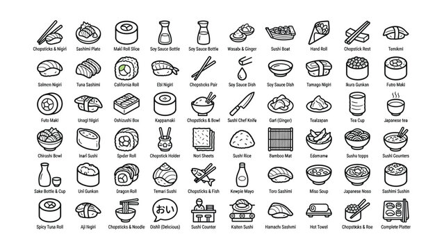 Collection of Japanese sushi and dining accessories illustrated with transparent background icons