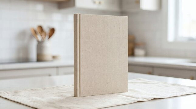Minimalist beige cookbook standing on kitchen counter, blank book cover mockup, scandinavian home interior, light and airy atmosphere