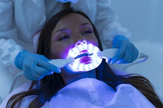 Woman receiving professional teeth whitening treatment at dental clinic
