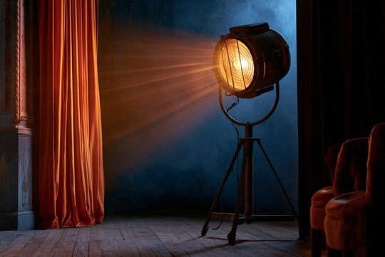 Vintage spotlight shining on stage with velvet curtains