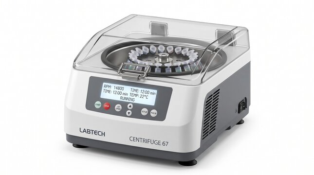 Modern Laboratory Centrifuge with Digital Control Panel and Clear Protective Lid