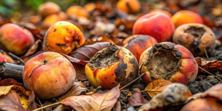 Fungus-covered rotten peaches rotting on a forest floor covered with decaying leaves and twigs, peaches, fungus