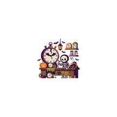 Fototapeta premium Cute Halloween Workshop - Skeleton Repairing Clock with Bat and Pumpkin