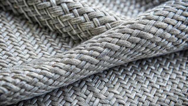 Close-up of intricate heather gray polyester interwoven material with a subtle sheen and texture showing woven threads and fibers, fabric weave, high resolution