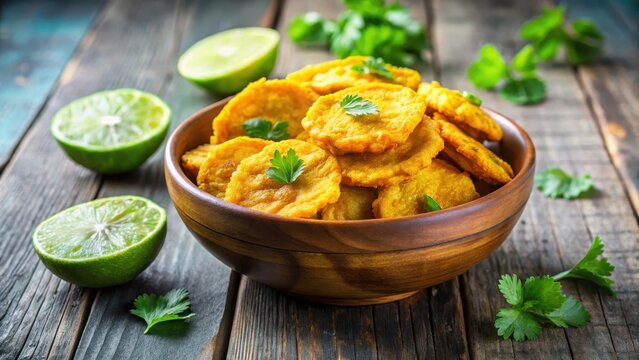 Tostones in a bowl with lime wedges and cilantro on the side, vibrant, cooking,  vibrant, cooking, colorful,tostones, fruit
