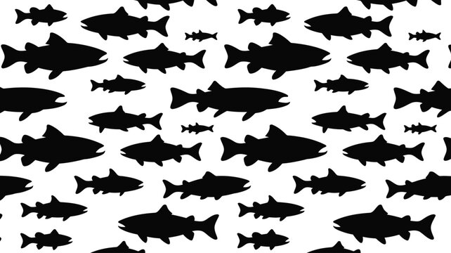 Seamless pattern of black fish silhouettes of various sizes scattered on a white background, representing a school of fish swimming in different directions