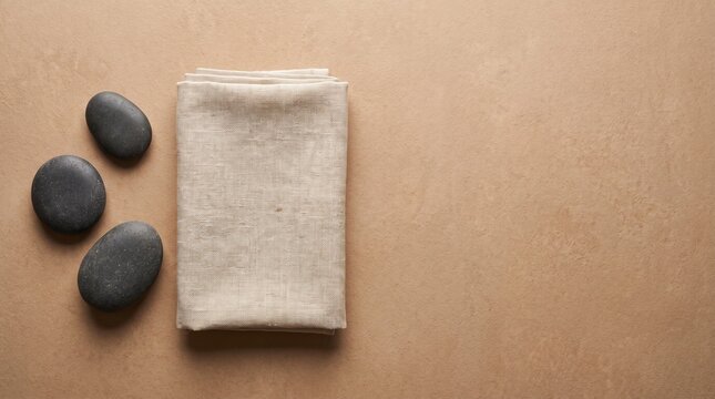 Black basalt stones beside folded natural linen