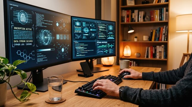 Programmer working at dual monitor setup with encryption code, cybersecurity data analysis, hacking software development, modern home office workspace technology