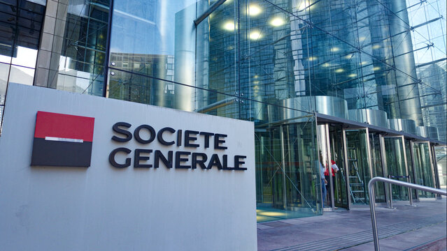 PARIS, FRANCE - SEPTEMBER 1, 2026 - Societe Generale bank sign on a modern glass building in La Defense business district