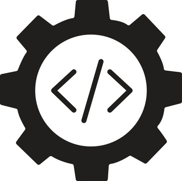 Gear icon with angle brackets represents coding and software development concepts