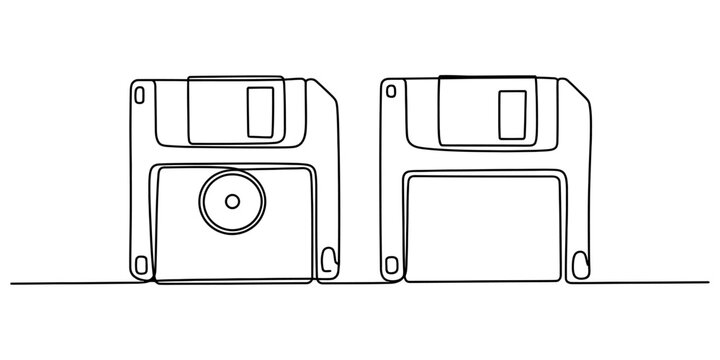Continuous one line drawing of two retro floppy disks isolated on a white background Vector, illustration
