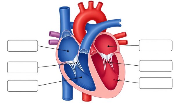Human heart cross section anatomy diagram vector illustration with blank text boxes for educational testing