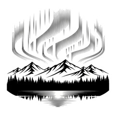 Fototapeta premium Stylized Aurora Borealis Over Snowy Mountains and Pine Forest Reflection in Lake, Black and White Line Art Illustration