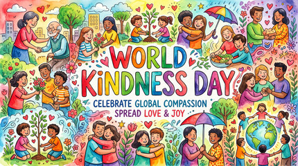 Fototapeta premium World Kindness Day Watercolor Artwork, Heartwarming Illustration of Compassion, Care and Human Connection