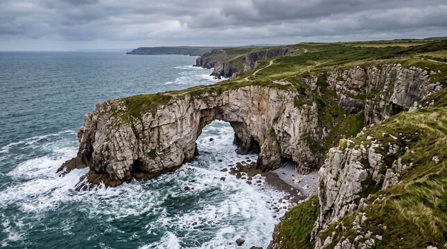 Dramatic coastal rock arch formation with crashing waves and green grassy cliffs under a cloudy sky