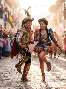 Joyful Caporales couple dancing at Candelaria Festival in vibrant costumes