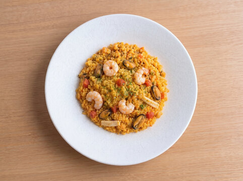 魚介の旨味が染み込んだパエージャ・セニョリート 殻剥きエビとムール貝のスペイン料理