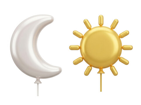 Globos en forma de sol dorado y luna creciente en 3D