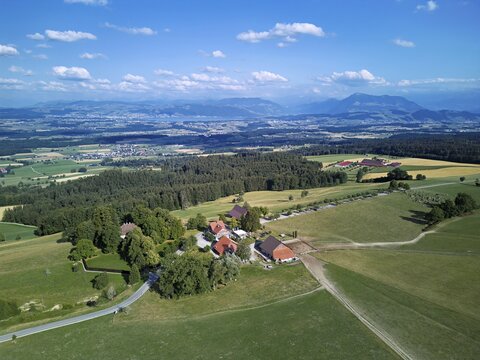 View of Horben viewpoint with Lake Zug and Rigi in the back, Beinwil Freiamt, Canton of Aargau, Switzerland