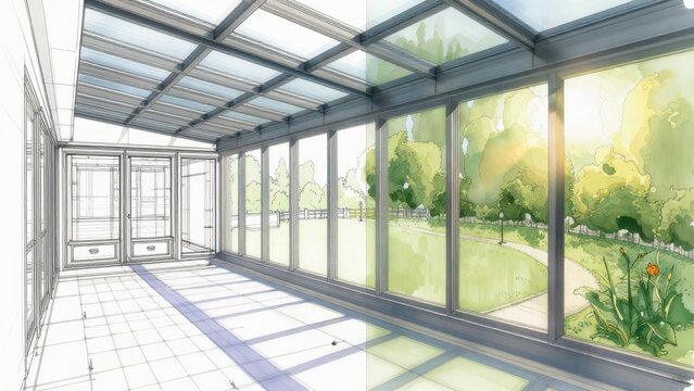 Bright and Airy Sunroom Concept with Glass Walls and Greenery Views