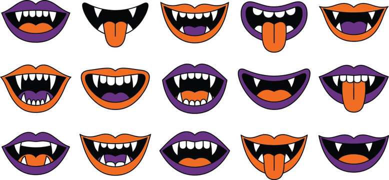 Set of cartoon halloween vampire mouths with sharp fangs and different expressions in purple and orange colors