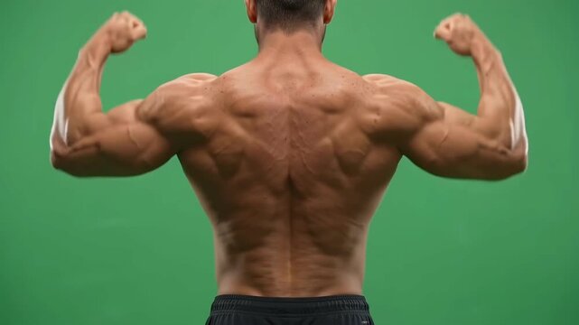 Athletic muscular man flexing his powerful back muscles while standing proudly and demonstrating physical strength during an intensive workout routine inside a professional training facility