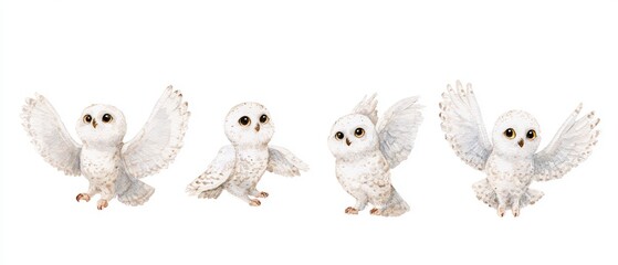 Obraz premium Cute watercolor illustration of a majestic snowy owl flying and looking around, four different poses in a horizontal row, character sheet, isolated on a white background, soft colors, children's book