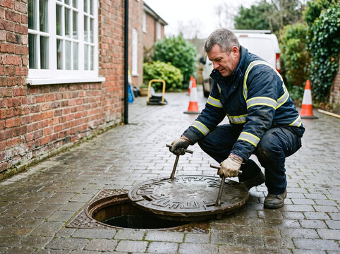 Professional utility engineer lifting a manhole cover on a residential driveway