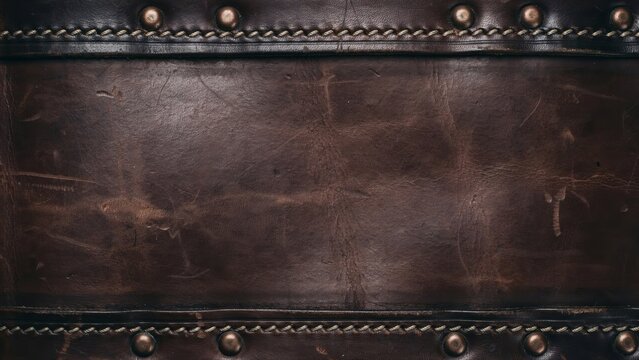 A close-up view of a dark brown leather texture featuring visible scratches and wear, secured with metal rivets along the and bottom edges, creating a rugged and vintage aesthetic surface