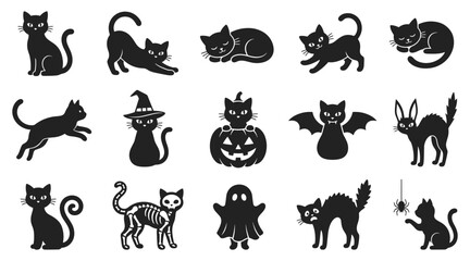 Fototapeta premium Set of cute black cat illustrations for halloween designs featuring various poses and playful expressions on white 