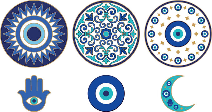 Greek evil eye and hamsa hand mandala vector collection with traditional protective amulets and crescent moon