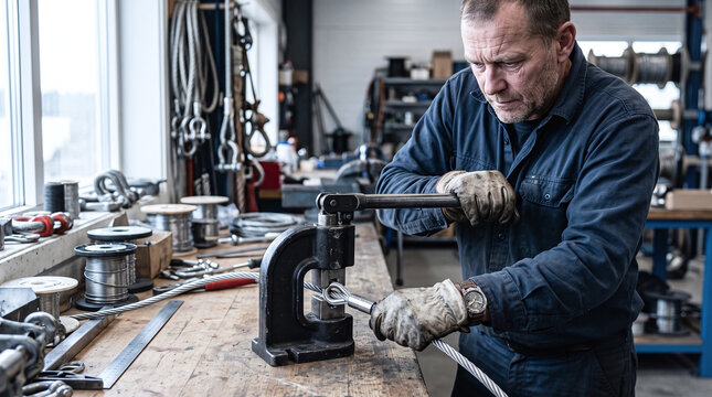 Mature rigger crimping a stainless steel wire rope terminal in a workshop
