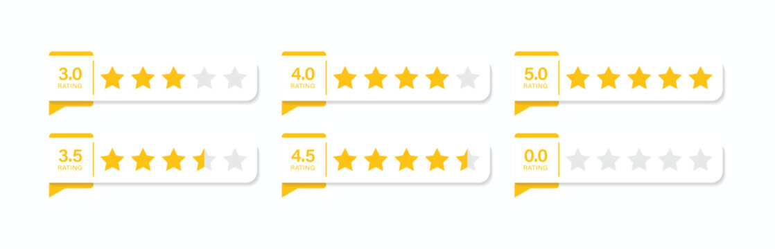 User review with gold stars collection. 3.00 to 5.0 ratings Ui Design. rating for app, website, ui design element. vector illustration.