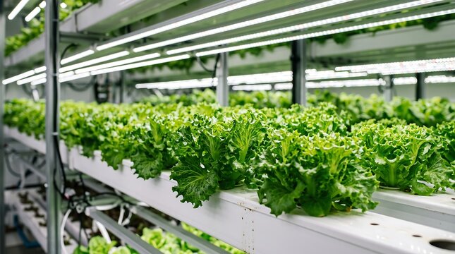 Vibrant rows of fresh green lettuce growing in modern industrial hydroponic vertical farm with bright overhead artificial LED lighting for sustainable agriculture and plant cultivation systems