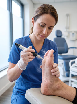 Female podiatrist treating verruca with cryotherapy on patient foot in clinic