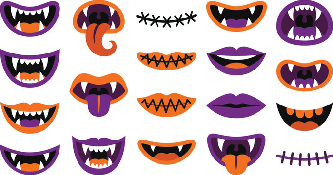 Set of halloween monster and vampire mouth illustrations with fangs and stitches