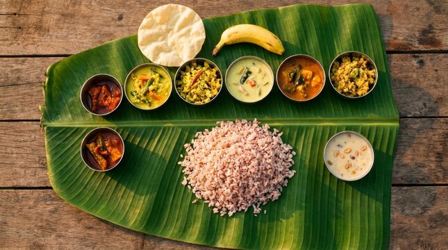 Kerala sadya on banana leaf with pink rice curries papadum banana