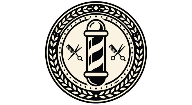Vector illustration of barber shop logo emblem with barber pole, comb and scissors, vintage style vector illustration
