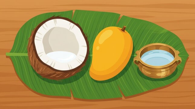 Simple coconut mango and brass water pot arranged on banana leaf