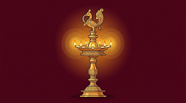 Peacock brass oil lamp with six flames radiating warm circular glow