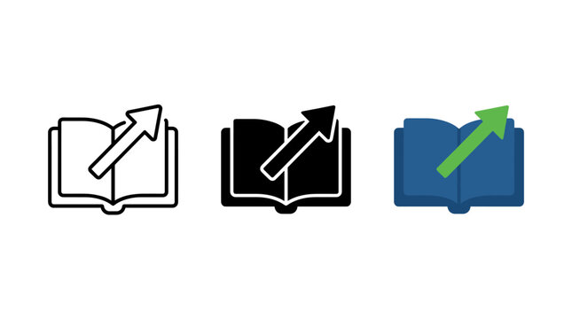 Open book with diagonal upward arrow icons in three different styles