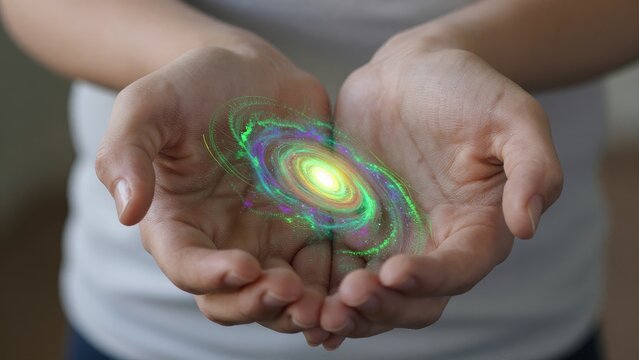 Hands Holding Colorful Galaxy Illustration with Creative Concepts