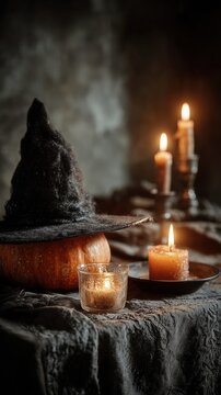 Halloween holiday. Halloween pumpkin with a magic black hat, magical pumpkin head, wizard in a hat, beautiful pumpkin with a magic hat. High quality