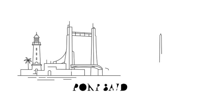 Simple line drawing shows Port Said skyline