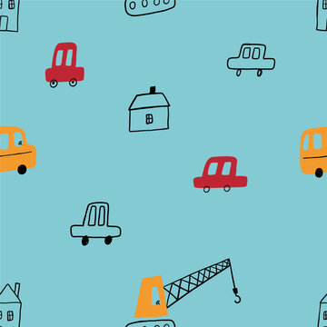 Cute little cars, truck. Cartoon cars adventures. Doodle hand drawn vector seamless pattern