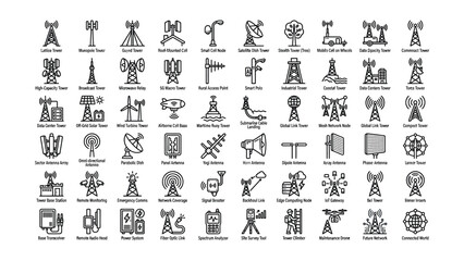 Collection of various types of communication towers antennas and network infrastructure icons with transparent backgrounds © Sumiya