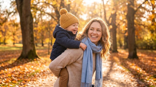 Joyful Mother Carrying Her Little Son on Her Back During a Beautiful Sunny Autumn Afternoon Walk