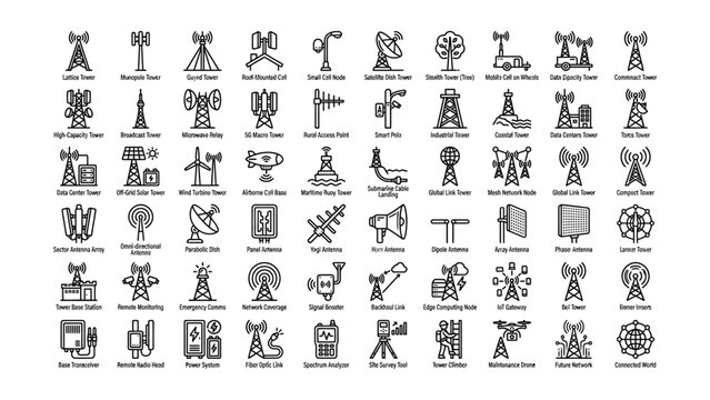 Collection of various types of communication towers antennas and network infrastructure icons with transparent backgrounds