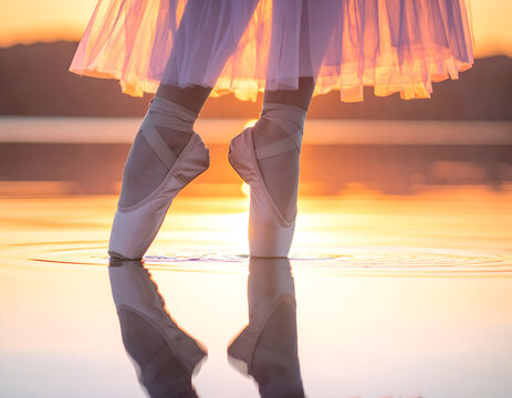 Ballerinas Graceful Pointe Shoes Reflected in Sunset Water.