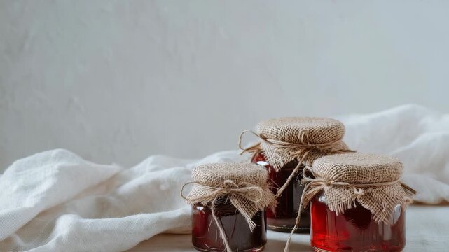 Three glass jars full of homemade jam sit on a white surface with a white cloth. The jars have burlap covers and twine. Use this image for food, gifts, or presentation material. Minimalist style.